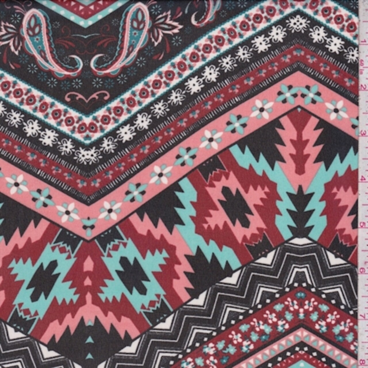 Black/Clay/Turquoise Deco Chevron Georgette Fabric By the Yard